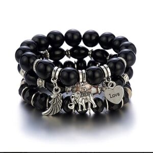 Elephant Charm Beaded Stacked Bracelets Black